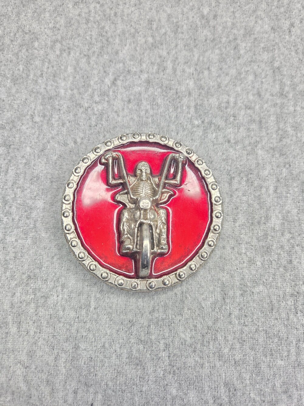 Vintage Skull Biker Belt Buckle Red Enamel Skeleton Motorcycle Chain Border